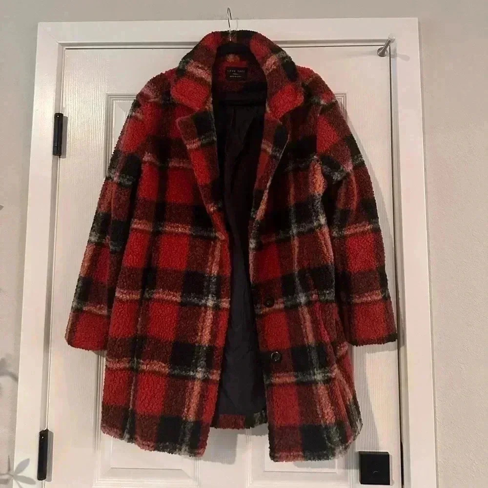 Plaid Teddy Coat - Red Multi